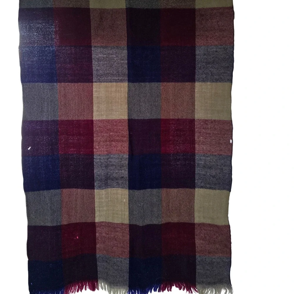 Vintage Men's Plaid Scarf Navy Maroon Checkered Fringe 1970s Winter Warm
